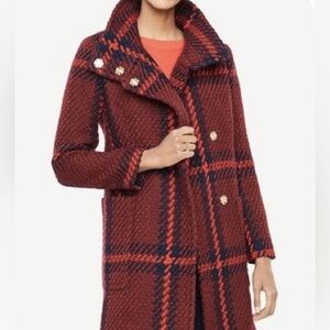 Ann Taylor Maroon, Plaid, Turtle Neck, Wool, Lined, Long, Winter Peacoat- small